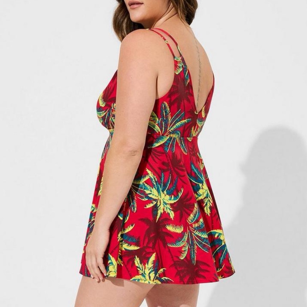 Torrid Red Tropical Shadow Retro Wireless Plunge Swim Dress Swimsuit 1X 14 16 - Picture 6 of 14